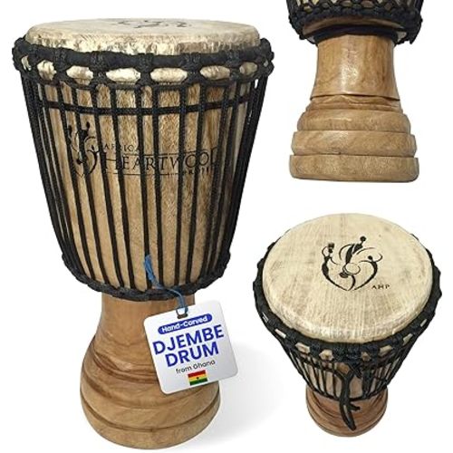 Africa Heartwood Project Hand-Carved Djembe Drum from Ghana - 8"x16" Authentic Classical African - Solid Wood Shell & Natural Goat Skin - Ready to Play Out of the Box Musical Instrument