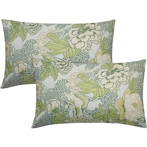 Sweetshow Spring Sage Green Flowers Chinoiserie Pillow Covers 12x20'' Set of 2 Light Green Floral Throw Pillows Vintage Sage Green Decor Lumbar Cushion Cover Linen Cotton (BZ)