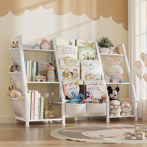 Kids Bookshelf Large Storage Bookcase: 3-Tier Book Sling Shelf Toy Organizer for Toddler - Display Rack with 3 Pockets for Kids Rooms, Bedroom, Playroom, Nursery (White, Wood + Metal)