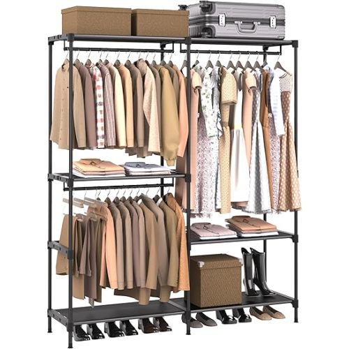 Clothes Rack, Portable Closet, 54.3 Inch Large Capacity Wardrobe Closet, Clothes Storage Organizer with Shelves and 3 Hanging Rods, Easy to Assembly, Black PCT022B01
