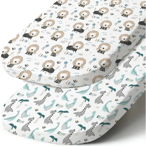 Stretch Fitted Bassinet Sheet Set BROLEX 2 Pack Cradle Sheets for Bassinet Pad/Mattress,Unisex Boys Girls,Ultra Soft,Dinosaur&Lion