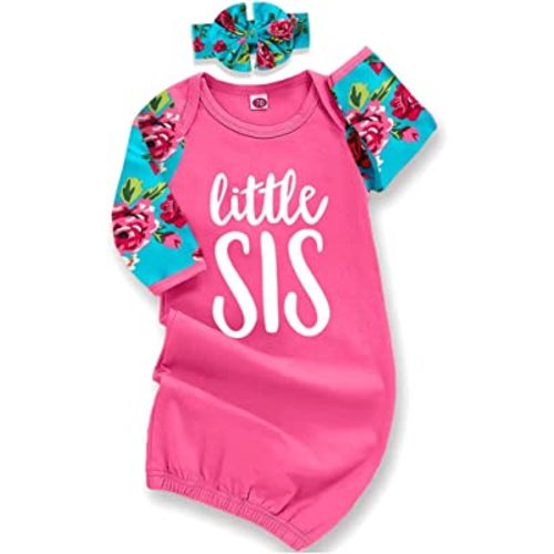 AMAWMW Newborn Baby Girl Little Sister Sleeper Gown Stripe Long Sleeve Nightgown Pajamas Gifts Stuff Essential Outfit