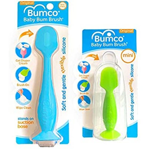 Baby Bum Brush, Original Diaper Rash Cream Applicator, Soft Flexible Silicone Brush, Unique Gift + Mini Diaper Rash Cream Applicator with Travel Case, (Blue + Green)