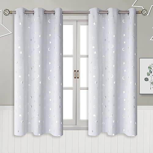 BGment Kids Curtains for Nursery, Short Star and Moon Room Darkening Curtains for Bedroom 54 Inch Long, Blackout Thermal Insulated Window Curtains for Boys Girls, Greyish White, 42 Wide, 2 Panels