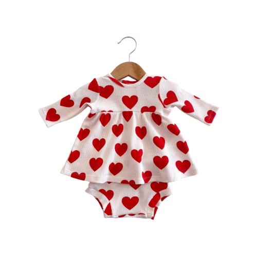 Organic Waffle Simple Dress & Bloomer, Red Heart