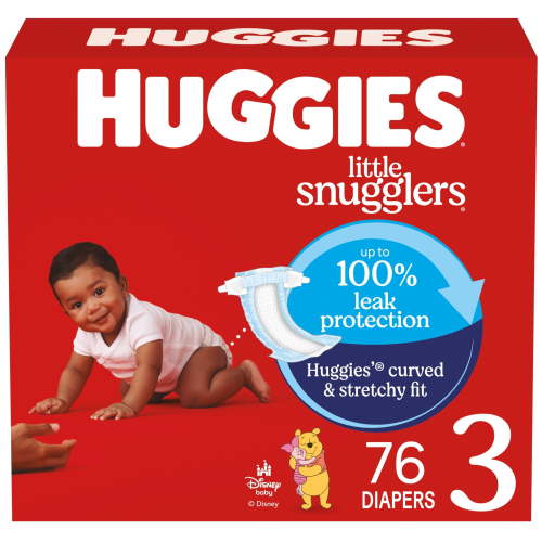 Huggies Little Snugglers Size 3 Baby Diapers, 76 Ct, Hypoallergenic, Dermatologist-Tested, 12 Hour Leak Protection