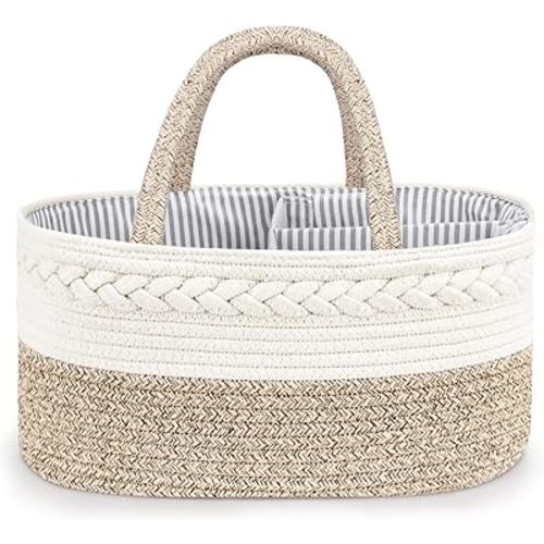 Maliton Baby Diaper Caddy Organizer, X-Large Cotton Rope, Rustic Style, Portable, 3 Compartments, A-Brown