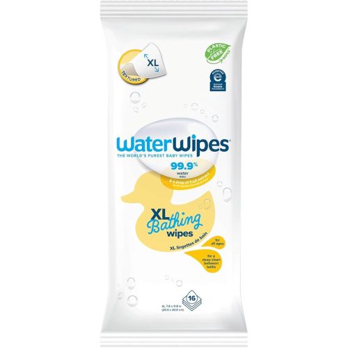 WaterWipes Plastic-Free XL Bathing Wipes for Toddlers & Babies, 99.9% Water Based Wipes, Unscented & Hypoallergenic for Sensitive Skin, 16 Count (1 pack), Packaging May Vary