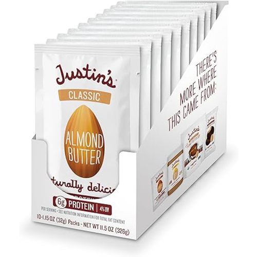 JUSTIN'S Classic Gluten-Free Almond Butter Squeeze Packs, 1.15 Ounce (Pack of 10)