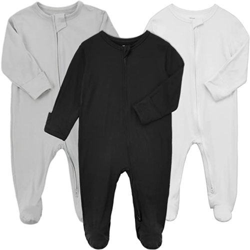 Aablexema Baby Zipper Pajamas Bamboo 3pcs Unisex Infant Clothes with Mitten Long Sleeve Footed Pjs - 0-3 Months - Black & White & Grey