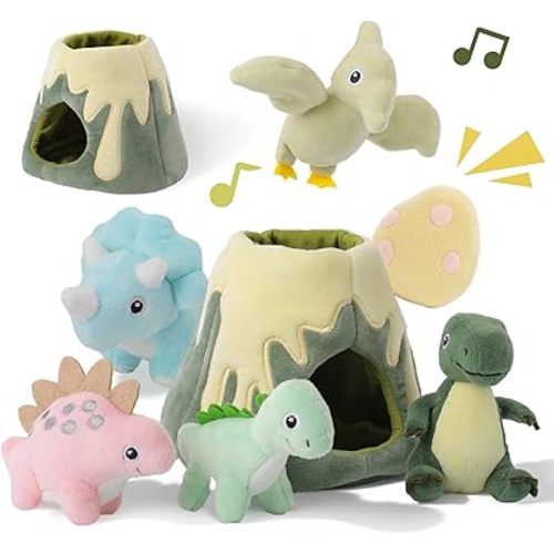 Baby Toys 6-12 Months – My Little Volcano with 5 Stuffed Dinosaurs, Montessori Toy with Rattle, Crinkle, Squeaker, Sensory Toys for Toddlers 1-3, Early Development Christmas Birthday Gift