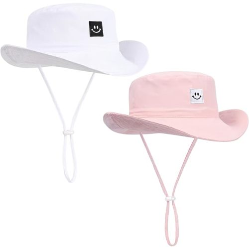 Baby Sun Hat, Newborn Toddler Foldable Beach Hat UPF 50+ Sun Protection Bucket Hat for Boys Girls Adjustable Cap - 0-6 Months - White & Pink -2pcs
