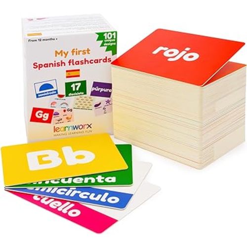 Spanish Flash Cards for Kids and Toddlers - 101 Cards - 202 Sides - Learn Shapes, Numbers, Colors, Body Parts, Counting, Letters & More - Great Value, Fun Learning and Educational Flashcards