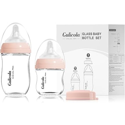 Natural Glass Baby Bottle Newborn Set, 3 oz and 5 oz with Extra Slow Flow & Slow Flow Nipple, Anti Colic, 0-3 Months, 2 Pack - Pink