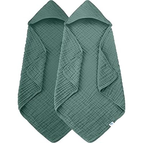 SWEET DOLPHIN Muslin Hooded Baby Bath Towels - 2 Pack 100% Cotton Towel for Babies, Infants, Toddlers - 32x32Inch - Highly Absorbent and Newborn Essential, Deep Emerald