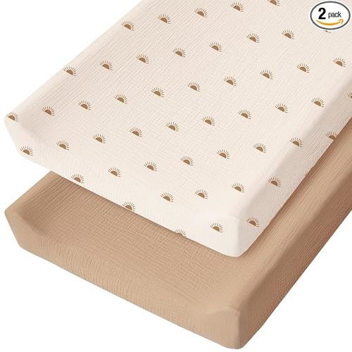 Konssy Muslin Changing Pad Cover for Baby Girls Boys, 100% Cotton Fitted Diaper Chang Table Covers, Soft Breathable Changing Pad Sheets, 2 Pack (Camel,Sun)