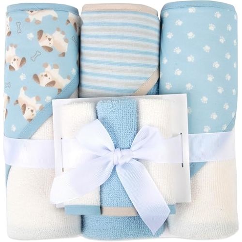 Jessica Simpson 6 Piece Printed Hooded Bath Towel and Washcloth Set for Infant, Newborns and Toddlers 3 – 24 Months for Bath Time, Showers, Lounge, Beach and Pool (6 Piece Puppies Print)
