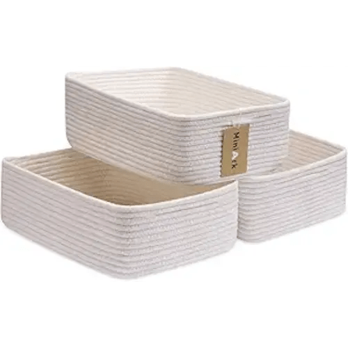 MiniArk Large Shallow Organizing Baskets 15x11x5.1 Inches - Rope Woven Storage Bins for Bathroom, Shelves, Cube Closet, Off White 3 Packs