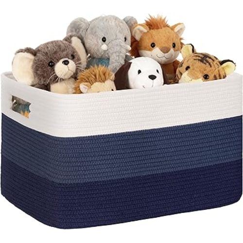 72L Large Laundry Basket with Leather Handles for Living Room Storage, Woven Rope Baskets Bin for Blanket, Kids Toy, Gifts, Wicker Hamper for Bedroom Dirty Clothes, 22"x17"x12" Gradient Blue