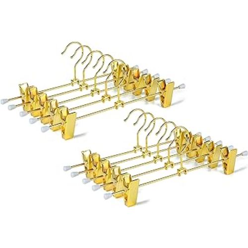 Amber Home Shiny Gold 12 Inch Metal Pants Skirts Hanger 10 Pack, Sturdy for Slacks Trousers with 2 Adjustable Non Slip Clips and Swivel Hook (10 Pack)