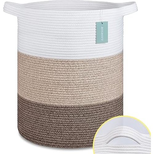 Large Blanket Basket, Nursery Hamper, Tall Laundry Basket 72L, Cotton Rope Woven Laundry Hamper for Storage Toys Clothes Towels, 16”x 22”, White & Gradient Brown