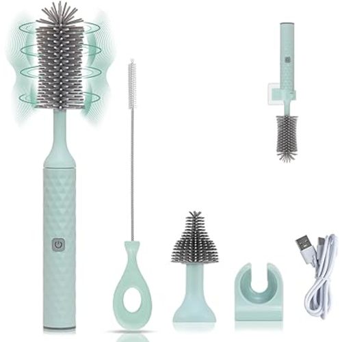 Rechargeable Electric Bottle Brush Cleaner Set with 3 Piece Silicone Baby Bottle Brush Cleaner and Straw Cleaner Brush,BPA Free,Waterproof,Perfect Baby Registry Gift,Blue