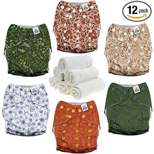 Mama Koala 3.0 Pocket Cloth Diapers for Babies with AWJ Lining, 6 Pack with 6 4-Layer Natural Cloth Diaper Inserts - Reusable and Washable Pocket Diapers(Neutral Leave)