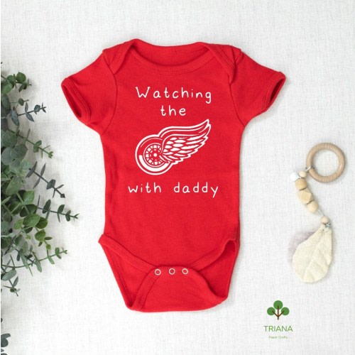 Watching the Game with Daddy Red Unisex Hockey Baby Game Day Onesie®, Sports Fan Gender Reveal Gift Idea