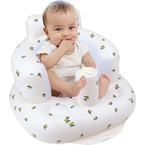 Inflatable Baby Seat for Babies 3 Months & Up, Baby Floor Seats for Sitting Up, Baby Seats for Infants, Blow Up Baby Chair with Built in Air Pump - Olive Flower