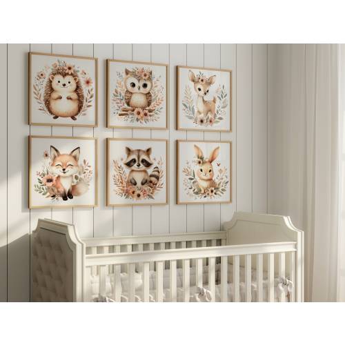 Woodland Nursery Animal Wall Decor - Baby Boho Animal Nursery Art Print - Framed Flower Animal Artwork - Girl Forest Animal Canvas Sets of 6