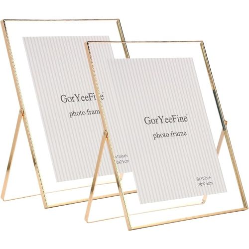 Gold 8x10'' Floating Frame Set of 2, For Photo Sizes ( 5x7'' ,6x8'' 7x9'' up to 8x10''), Beautiful Metal Lace Edge Frames Adjustable Tabletop/Shelf Photo Frame, Classy Gift Choice for Wedding,