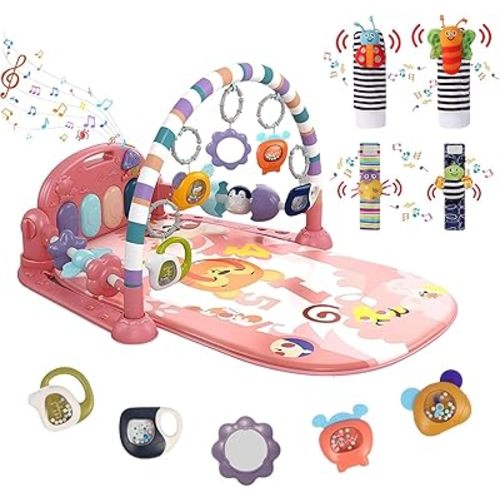 Baby Gym Play Mat Kick and Play Piano Tummy Time Mat for Floor Baby Gym Activity Mat with 5X Infant Sensory Toys & 4X Wrist Rattle Socks, Gift for Babies Newborns & Toddlers 0-3-6-9-12 Months(Pink)