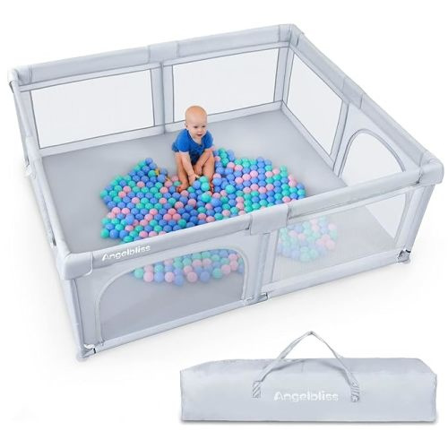 ANGELBLISS Baby Playpen, Extra Large Playard, Indoor & Outdoor Kids Activity Center with Anti-Slip Base, Sturdy Safety Play Yard with Breathable Mesh, Kid's Fence for Infants Toddlers(Grey,71”x59”) - 71x59''