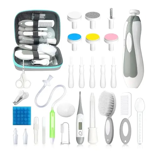 Baby Healthcare and Grooming Kit, 28 in 1 Portable Baby Essentials Kit Electric Nail Trimmer Set with Gas Relief Hair Brush Comb Nasal Aspirator for Newborn Boys Girls (Grey White)