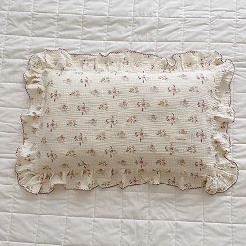 BuLuTu Cotton Muslin Kids Toddler Pillowcase with Cute Azalea Flowers Pattern Super Soft Crib Nursery Pillowcase for Boys,Girls,Bedding Decor Machine Washable, Durable Pillowcase,1 Piece,Standard