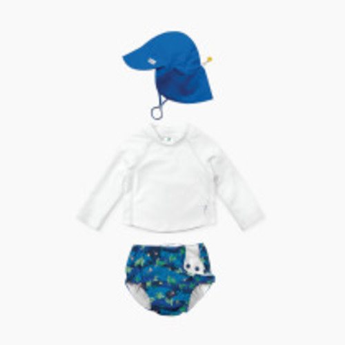 GREEN SPROUTS UPF 50+ Snap Swim Diaper & Rashguard Set with Hat - White/Navy Turtle Journey/Cobalt, 0-6 Months