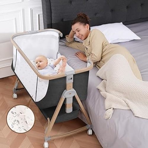 Baby Basinet Bedside Sleeper with Waterproof Sheet, Adjustable Height Bedside Bassinets with Soft Mattress, Girl/boy Bassinets, Dark Grey