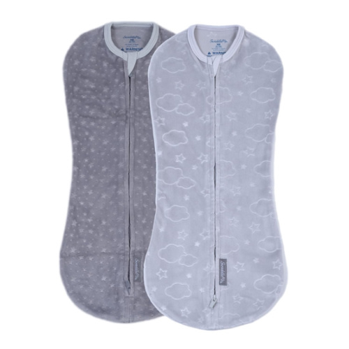 SwaddleMe by Ingenuity Compression Baby Swaddle Pod in Velboa, Two-Way Zipper for Easy Diaper Changes, Improves Sleep & Calms Startle Reflex, 0-2 Months, 1.0 TOG, 2-Pack - Clouds & Stars