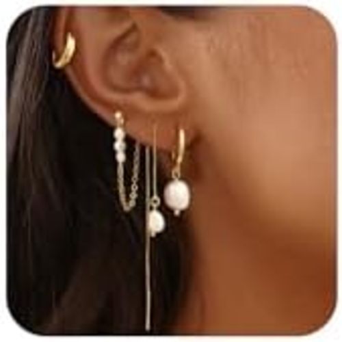 Moodear Pearl Dangle Hoop Earrings for Women - Dainty Hypoallergenic 14K Gold Plated Small Drop Chain Hoops Trendy Earring Sets for Multiple Piercing Jewelry