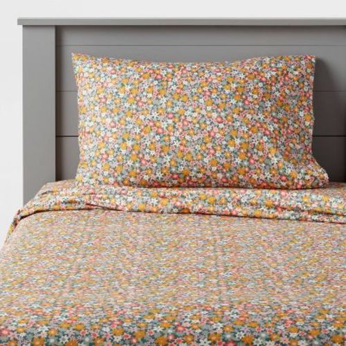 Twin Microfiber Kids' Sheet Set Green Floral - Pillowfort™: Recycled Polyester, Botanical Pattern, Oeko-tex Certified
