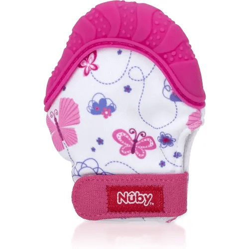 Nuby Soothing Teething Mitten with Hygienic Travel Bag, Pink.