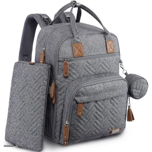 Iniuniu Large Diaper Backpack, Unisex 4-in-1 Baby Bag with Pouch, Changing Pad, Pacifier Case & Straps, Gray