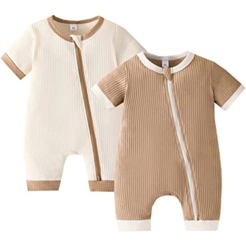 Bafeicao Unisex Baby Boy Girl 2 Pack Rompers Short Sleeve Two Way Zipper Romper One Piece Jumpsuits Clothes Sets