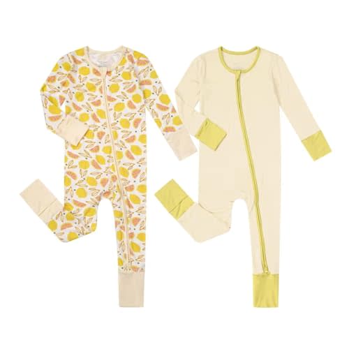 Teach Leanbh Unisex Baby 2 Pack Bamboo Viscose Pajamas with Mittens and Feet Cuffs 2 Way Zipper Long Sleeve Romper