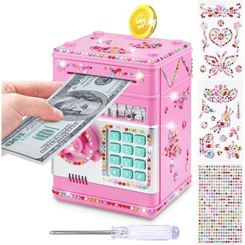 Piggy Bank for Kids Girls Boys with Password Code Lock Cash Coin Can Piggy Bank Girls Electronic Money Safe Bank for Kids Money Box with DIY Diamond Sticker Gift for 4 7 8 9 10 11 Year Old Boys