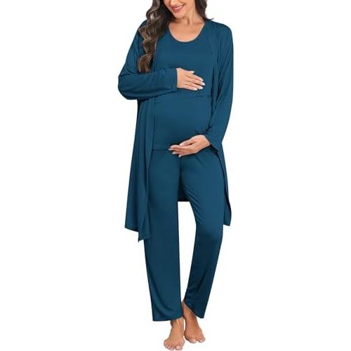 SWOMOG Maternity Nursing Robe Set 3 PCS Postpartum Breastfeeding Pajamas Lounge Hospital Pregnancy Pjs with Robe