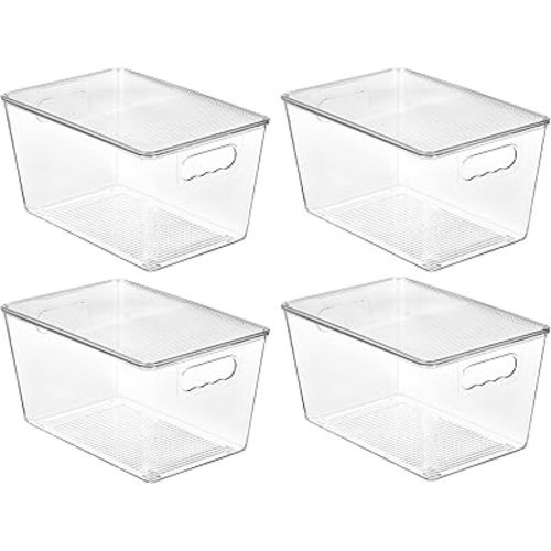 Vtopmart 4 Pack Clear Stackable Storage Bins with Lids, Large Plastic Containers with Handle for Pantry Organizer and Storage,Perfect for Kitchen,Fridge,Cabinet, Closet,Bathroom Organization
