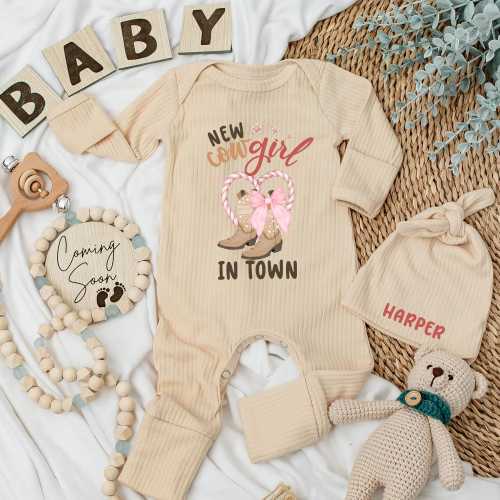 Personalized New Cowgirl in Town Baby Girl Bodysuit, Cowboy Boots Baby Shower Gift, Western Coming Home Outfit, Custom Newborn With Name