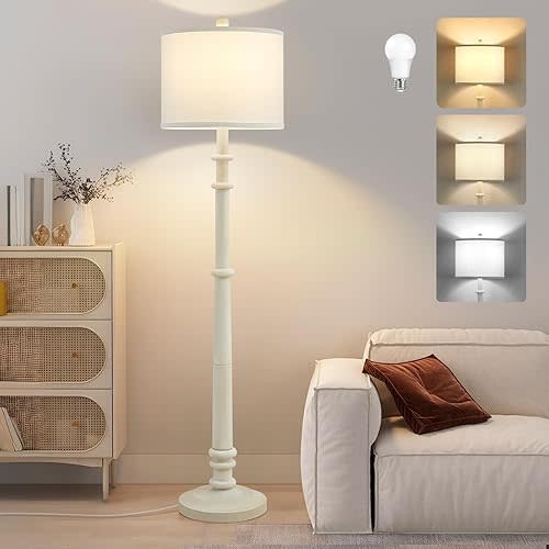 Floor Lamps for Living Room - 60" New Upgrade Resin Farmhouse Floor Lamp with 3 Color Temperatures - Vintage Standing Lamp Reading Light with Linen Shade Retro Tall Lamp for Bedroom Office, White