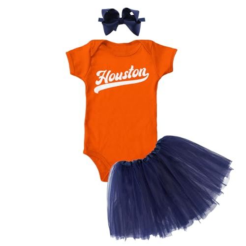 Houston - Baseball Jersey Style Script Baby Bodysuit + Tutu Skirt + Bow Headband Set